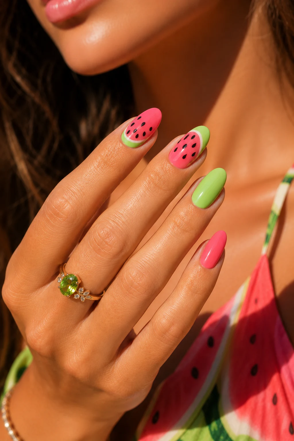 Watermelon Pop Art Summer Nail Ideas Almond Shape — summer nail ideas almond shape style outfit, worn by a stylish woman