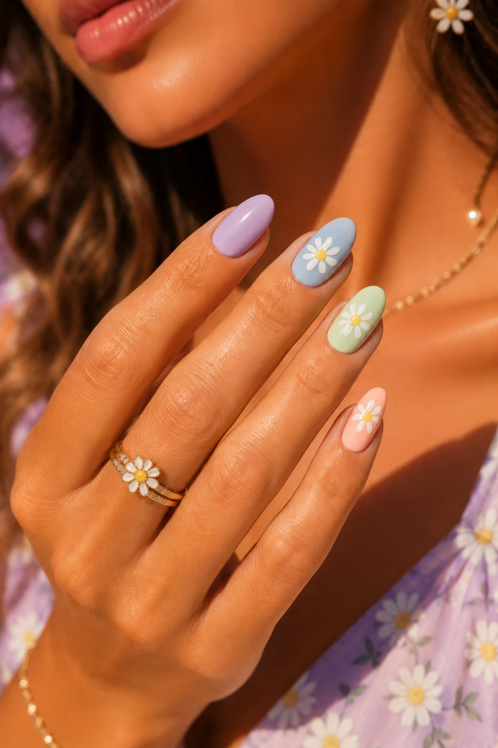 Pastel Daisy Garden Summer Nail Ideas Almond Shape — summer nail ideas almond shape style outfit, worn by a stylish woman