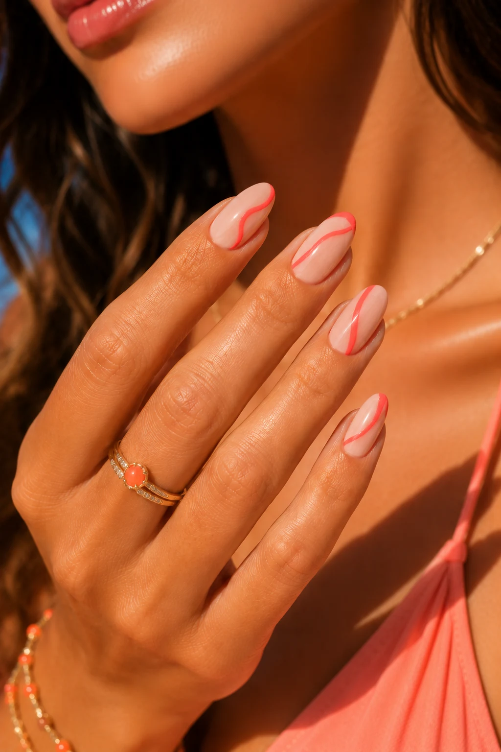 Neon Coral Minimalist Lines — summer nail ideas almond shape style outfit, worn by a stylish woman