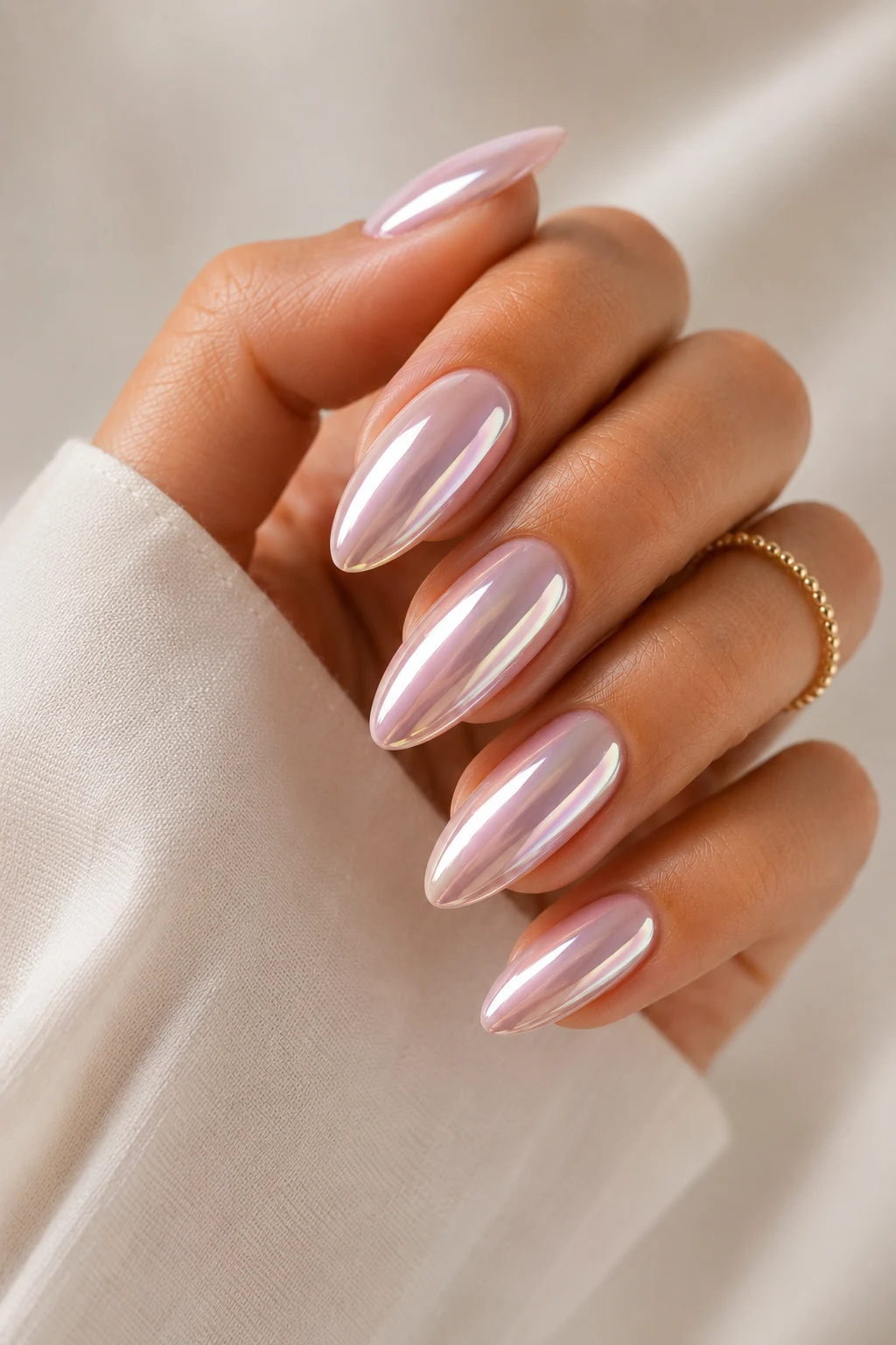 summer nails 2026 almond — Chrome Glazed Summer Nails 2026 Almond With Mirror Shine — summer nails 2026 almond style outfit, worn by a stylish woman