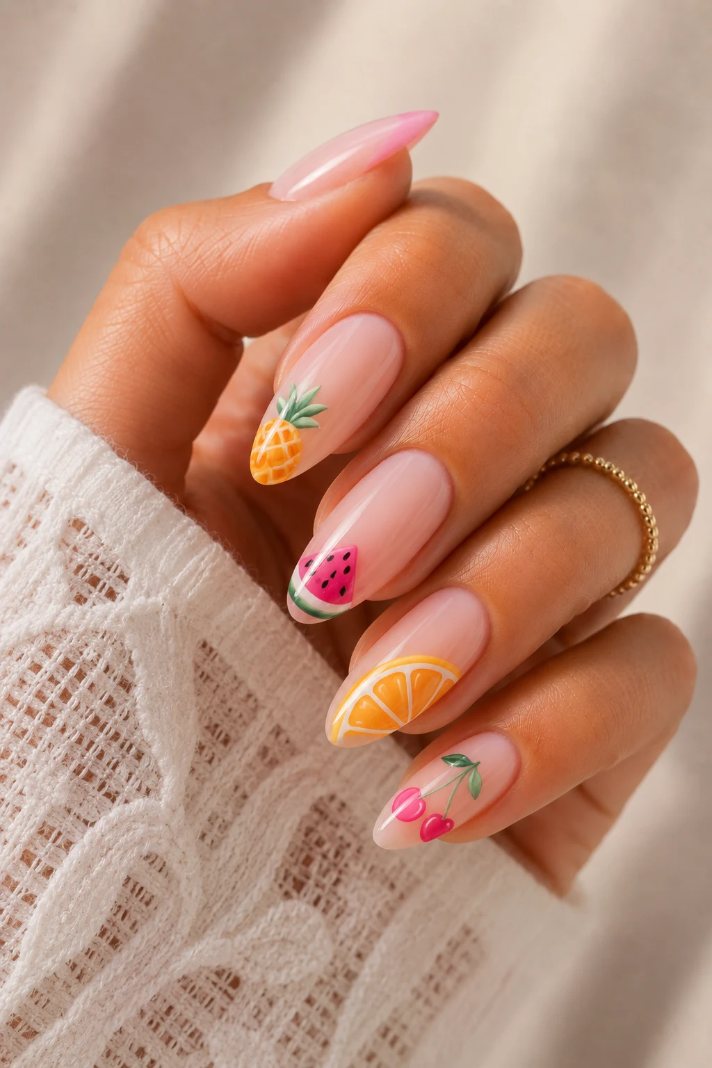 summer nails 2026 almond — Tropical Fruit Nail Art for Playful Summer Nails 2026 Almond Vibes — summer nails 2026 almond style outfit, worn by a stylish woman