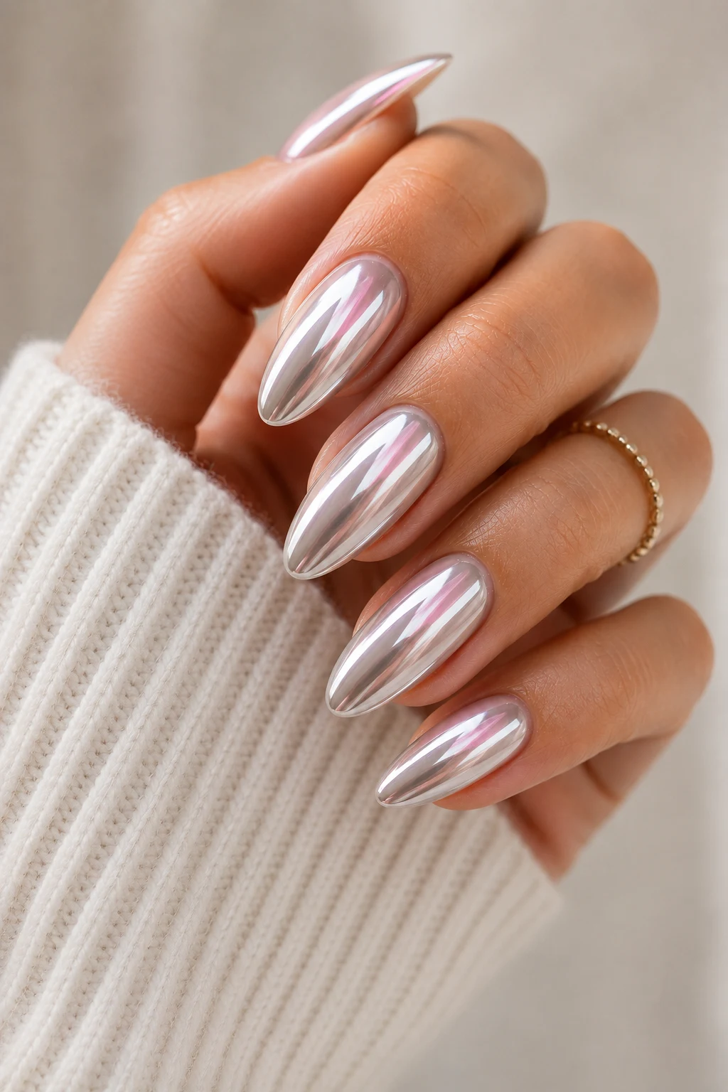 summer nails acrylic — Chrome Summer Nails Acrylic With Mirror Shine — summer nails acrylic style outfit, worn by a stylish woman