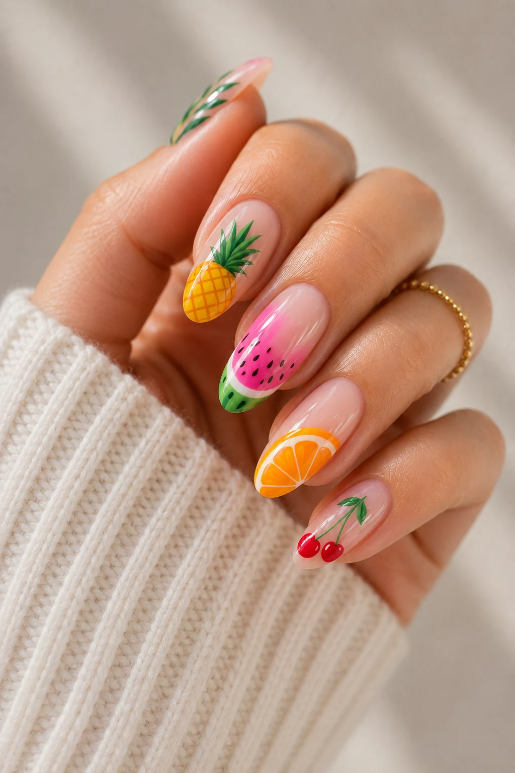summer nails acrylic — Tropical Fruit Nail Art for Bold Summer Nails Acrylic Lovers — summer nails acrylic style outfit, worn by a stylish woman