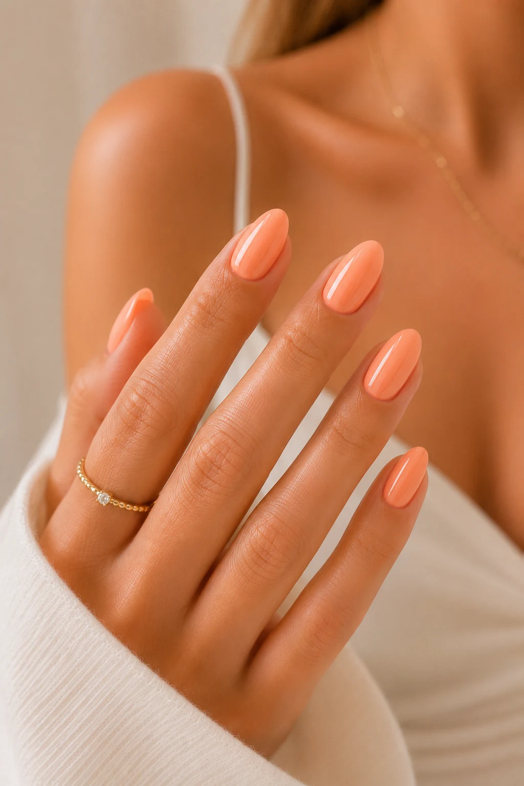 summer nails almond — Peach Sorbet Summer Nails Almond for Soft-Girl Energy — summer nails almond style outfit, worn by a stylish woman