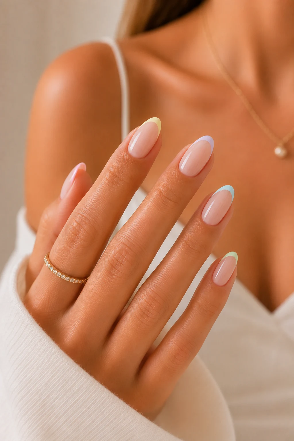 summer nails almond — Summer Nails Almond French Tips With Pastel Edges — summer nails almond style outfit, worn by a stylish woman