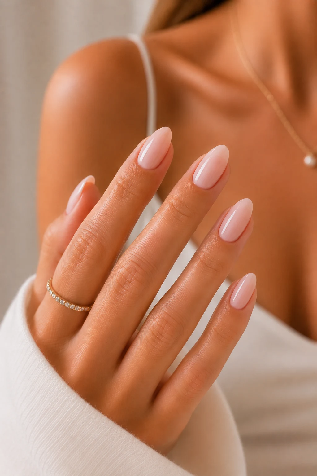 summer nails almond — Barely-Pink Summer Nails Almond That Quietly Look Rich — summer nails almond style outfit, worn by a stylish woman