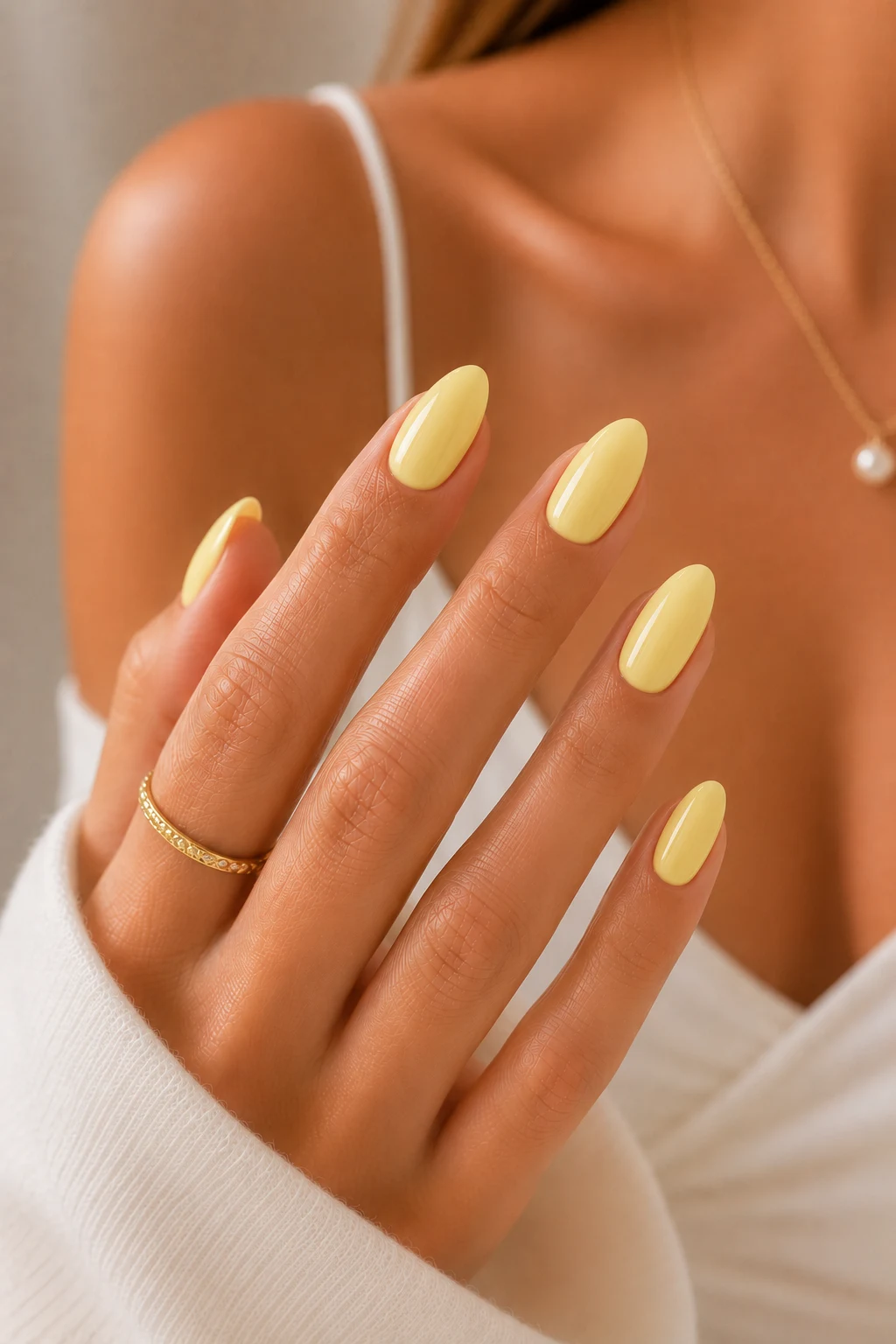 summer nails almond — Lemon Butter Nail Art That Brightens Every Summer Nails Almond Look — summer nails almond style outfit, worn by a stylish woman