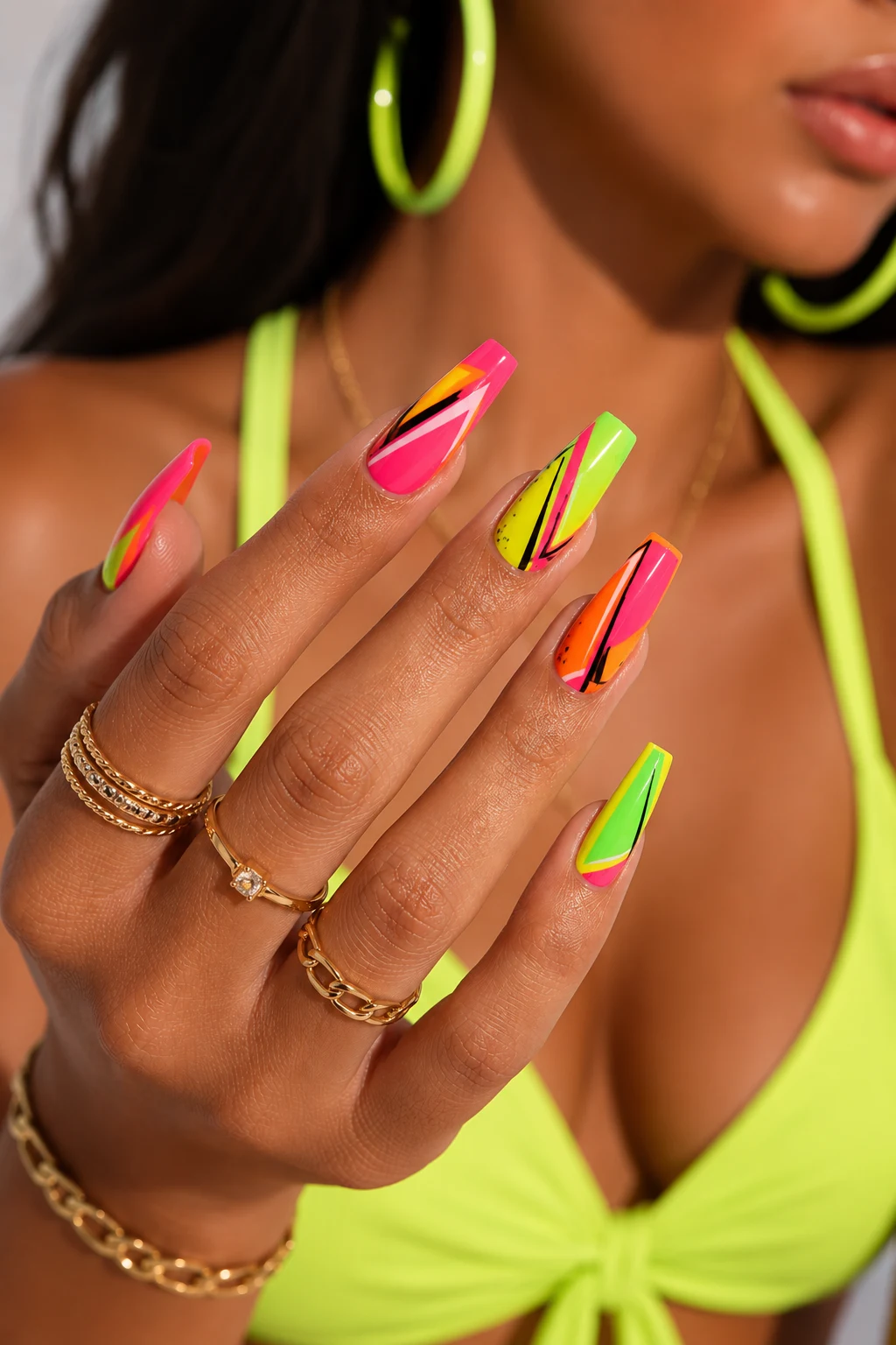 Neon Summer Nails Coffin That Steal the Spotlight — summer nails coffin style outfit, worn by a stylish woman