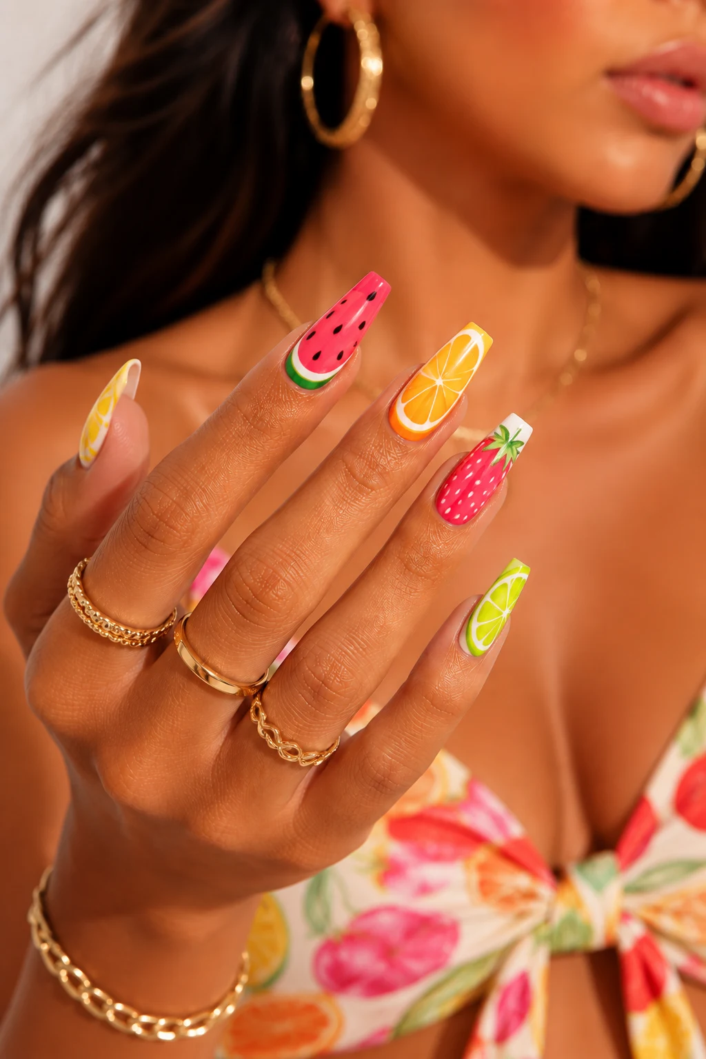 Fruit-Inspired Summer Nails Coffin — summer nails coffin style outfit, worn by a stylish woman