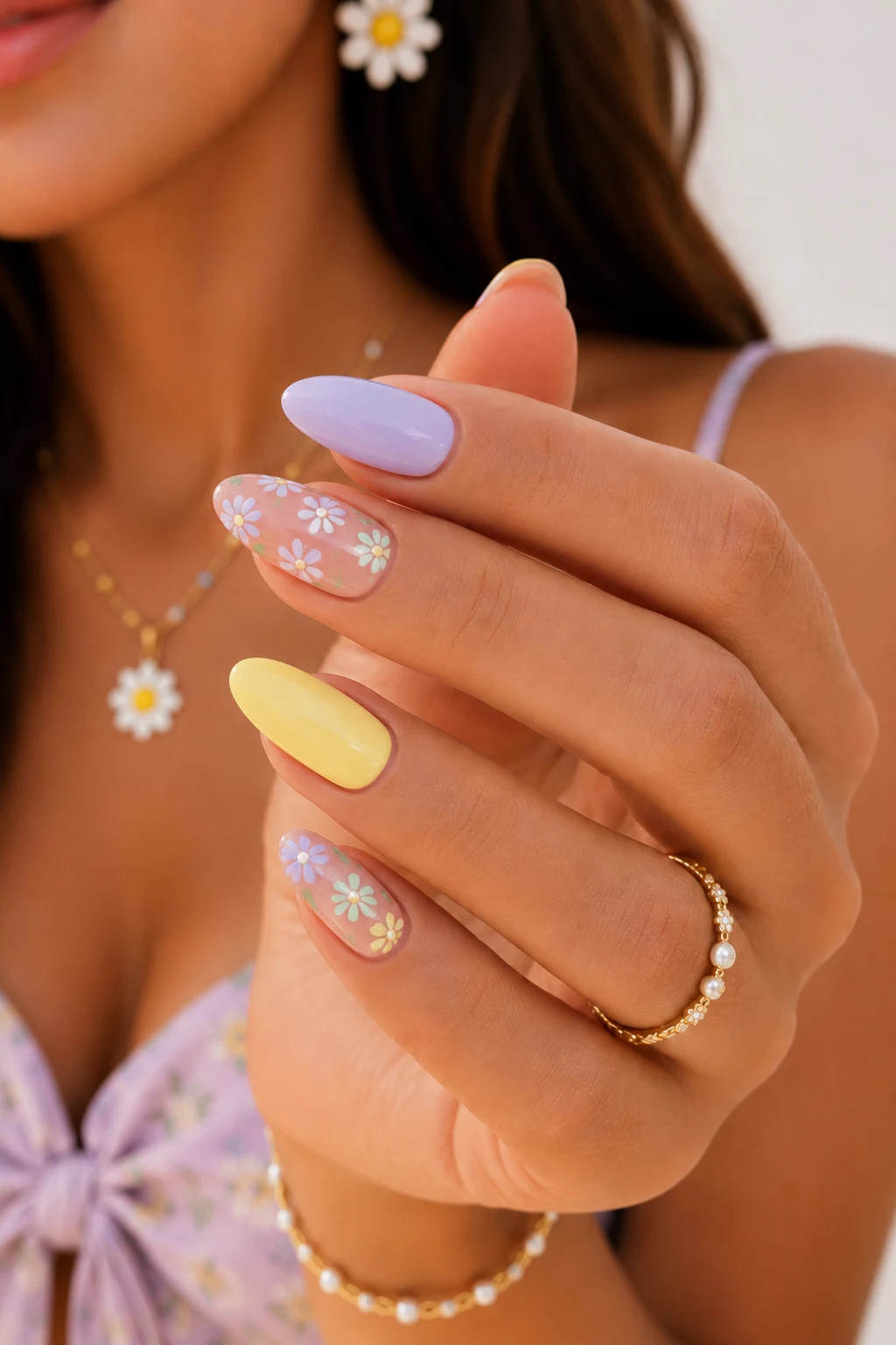 summer nails colors — Pastel Summer Nails Colors With Floral Nail Art — summer nails colors style outfit, worn by a stylish woman