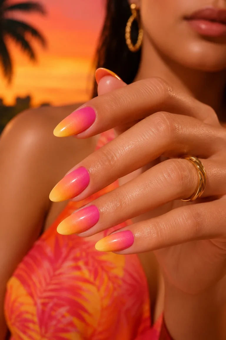 Summer nails inspiration Tropical Sunset Ombre — summer nails inspiration style outfit, worn by a stylish woman
