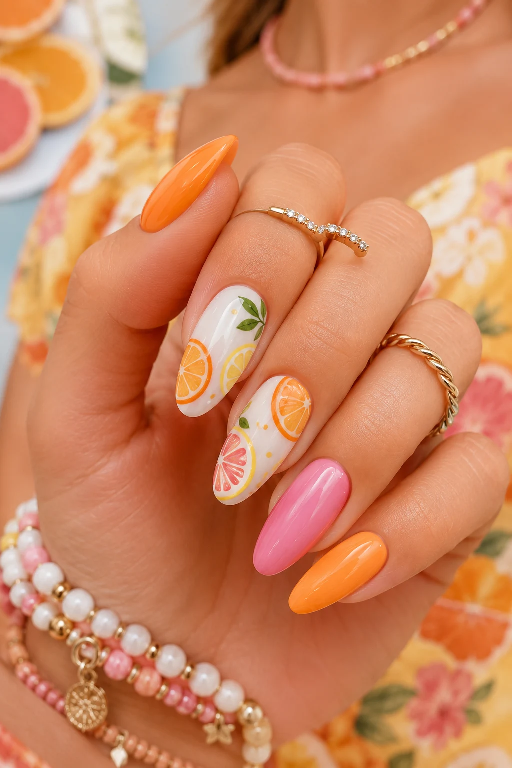 Summer Nails Inspiration with Citrus Accents — summer nails inspiration style outfit, worn by a stylish woman