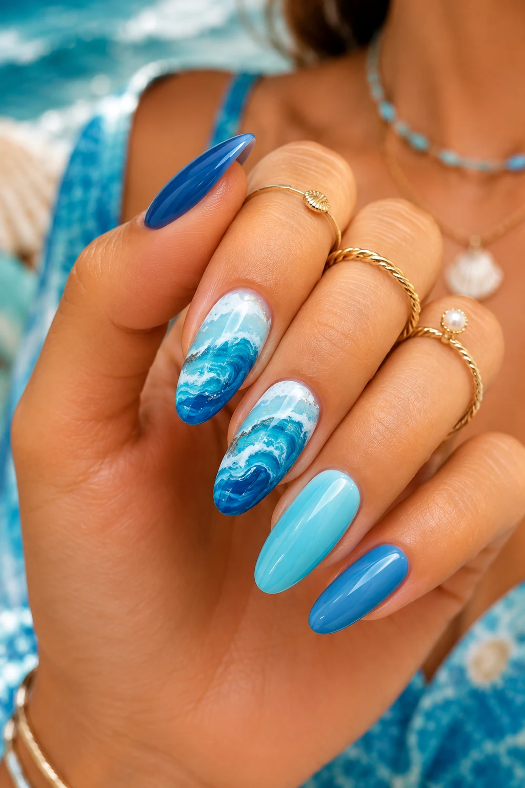 Ocean Blue Waves — summer nails inspiration style outfit, worn by a stylish woman