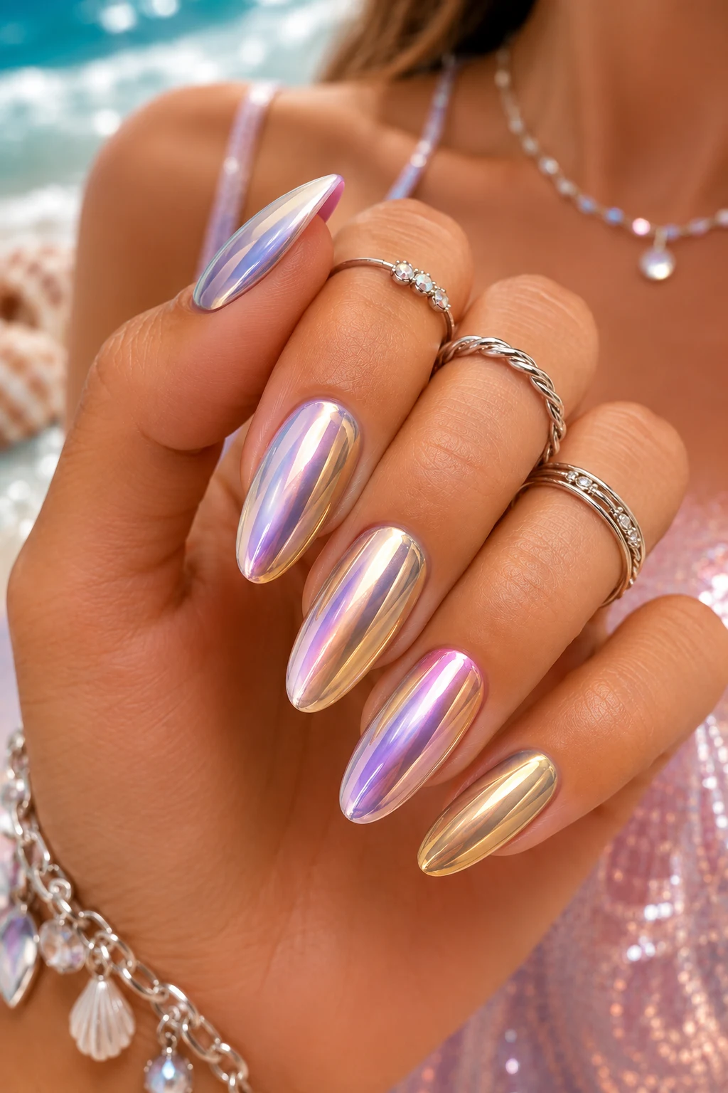 Summer Nails Inspiration with Chrome Shine — summer nails inspiration style outfit, worn by a stylish woman