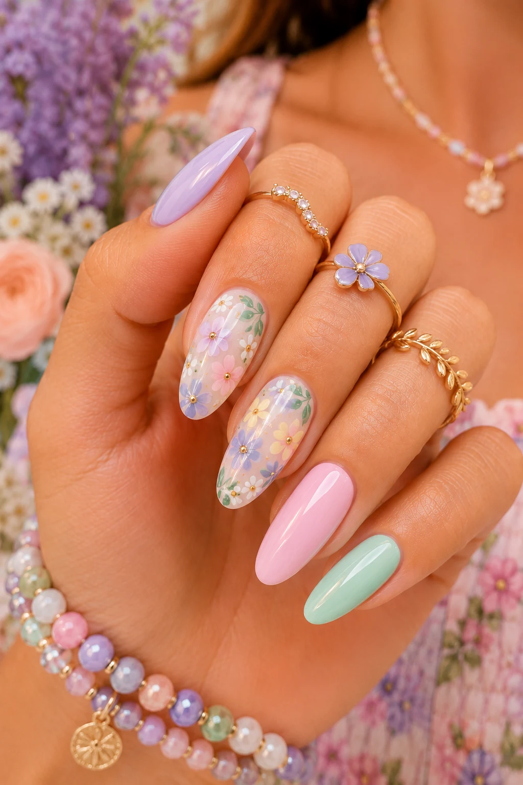 Pastel Flower Garden — summer nails inspiration style outfit, worn by a stylish woman