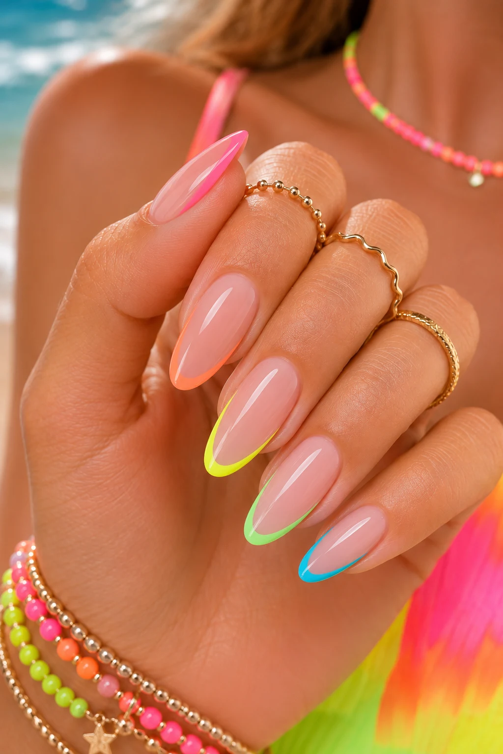 Neon French Tips — summer nails inspiration style outfit, worn by a stylish woman