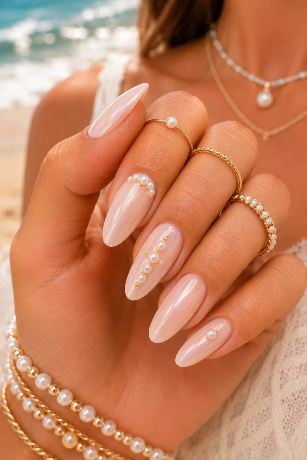 Summer Nails Inspiration with Pearl Details — summer nails inspiration style outfit, worn by a stylish woman