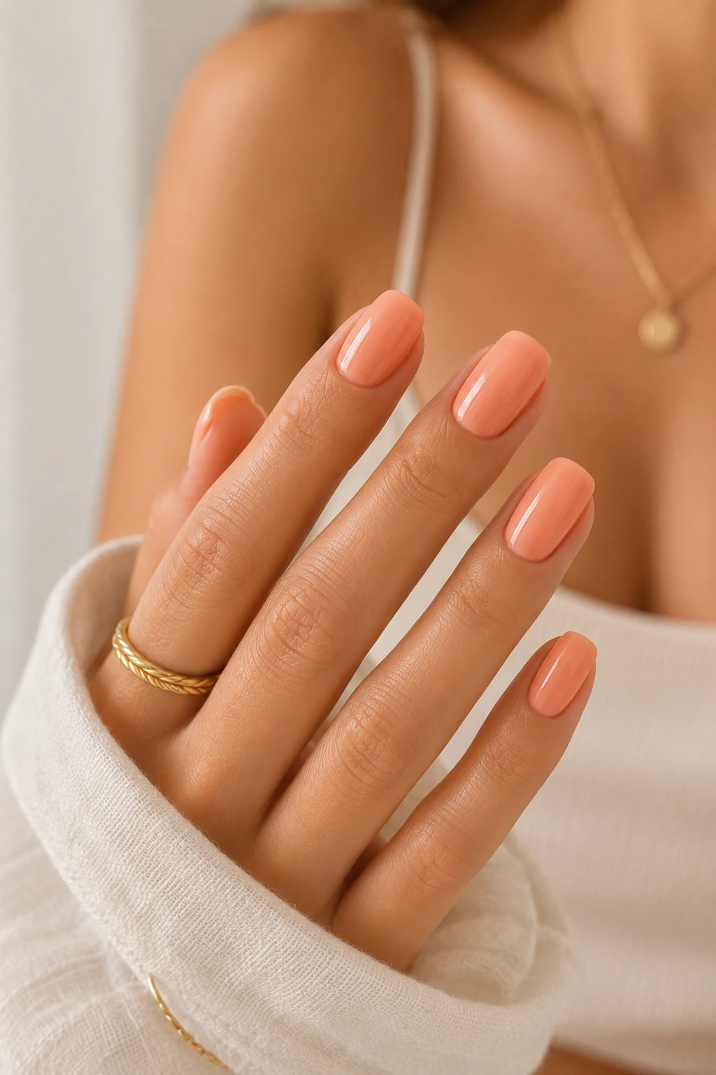 summer nails simple — Peach Sorbet Summer Nails Simple Enough for Everyday Wear — summer nails simple style outfit, worn by a stylish woman