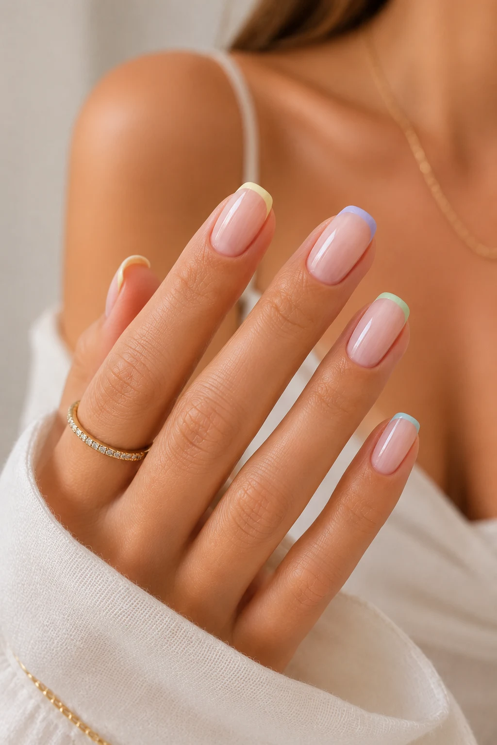 summer nails simple — Summer Nails Simple French Tips With Tiny Color Details — summer nails simple style outfit, worn by a stylish woman