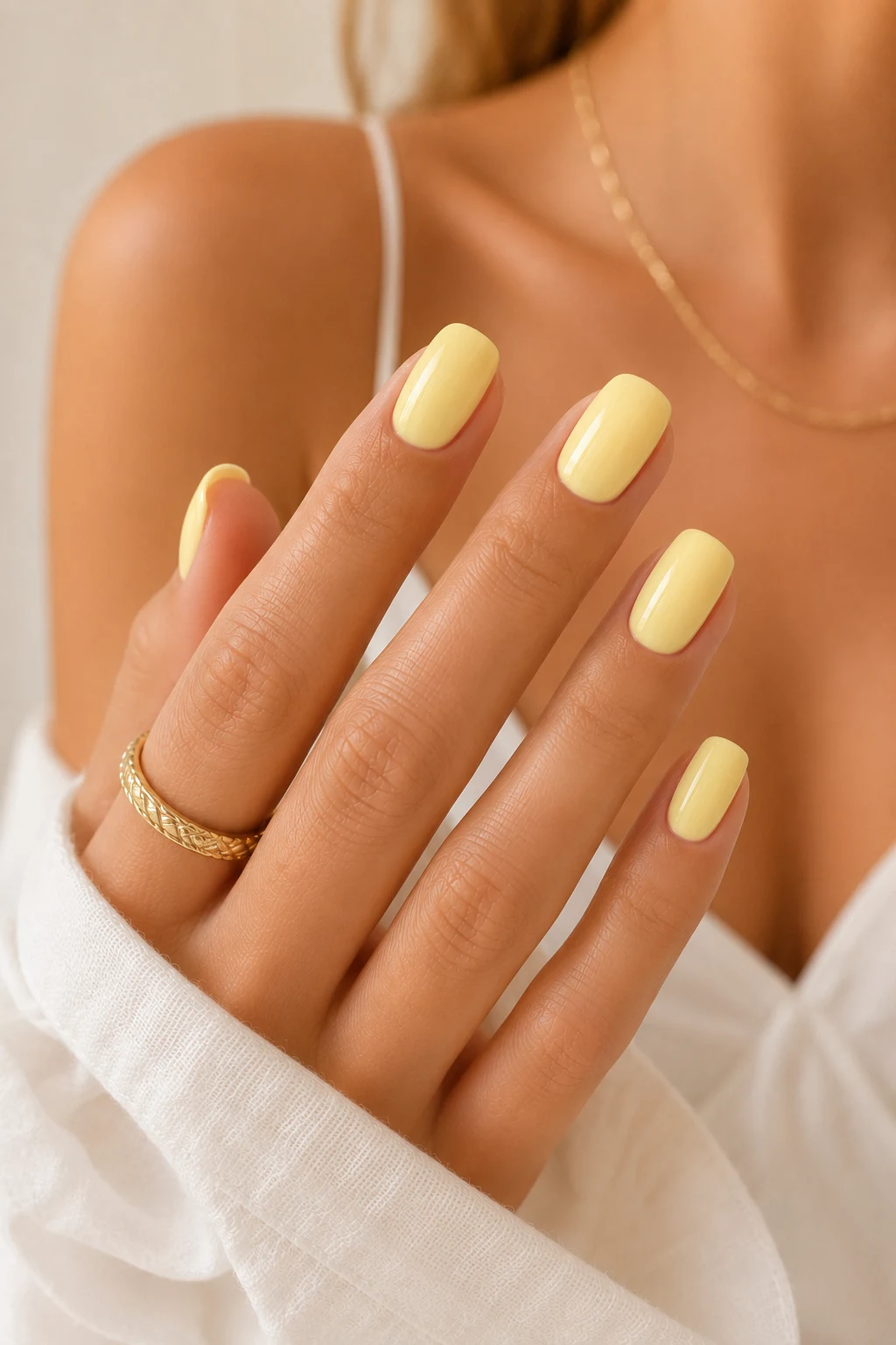 summer nails simple — Lemon Yellow Nail Art That Feels Like Sunshine — summer nails simple style outfit, worn by a stylish woman