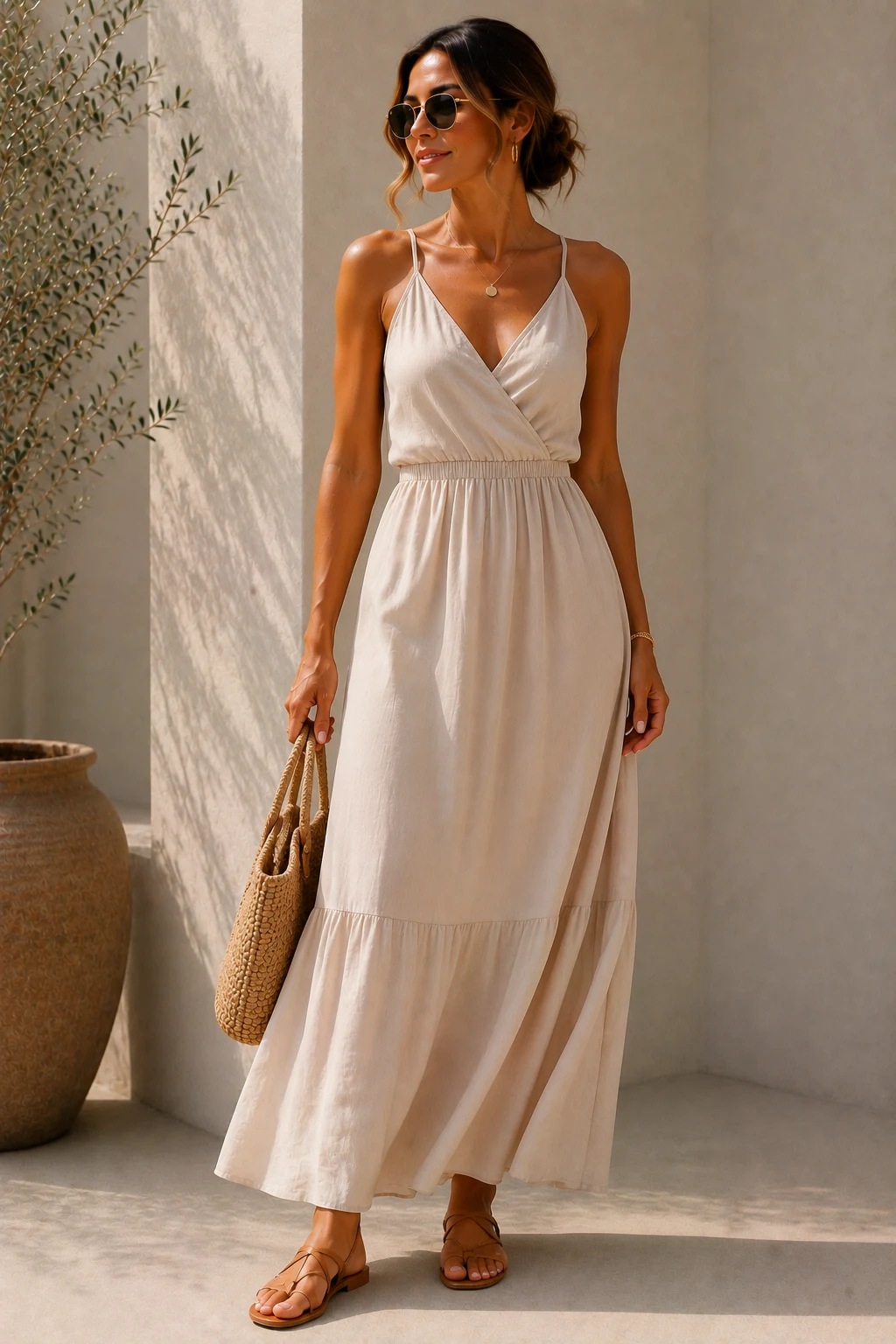 The Flowy Neutral Dress and Sandals Combo — summer outfits women classy style outfit, worn by a stylish woman