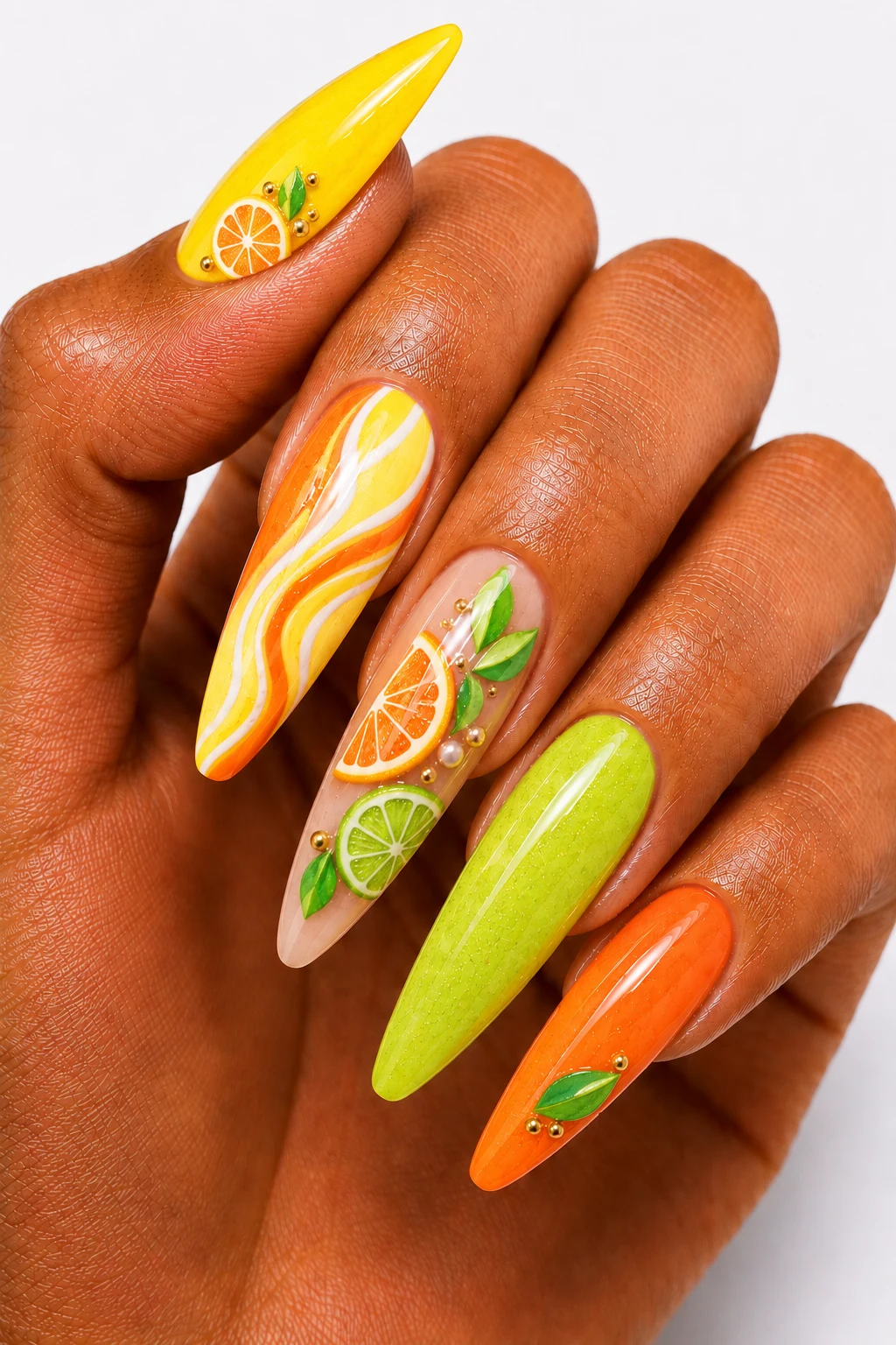 Citrus Splash Brights — summertime gel nails style outfit, worn by a stylish woman