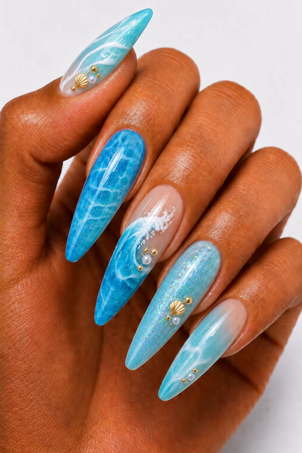Ocean Wave Blue Summertime Gel Nails — summertime gel nails style outfit, worn by a stylish woman
