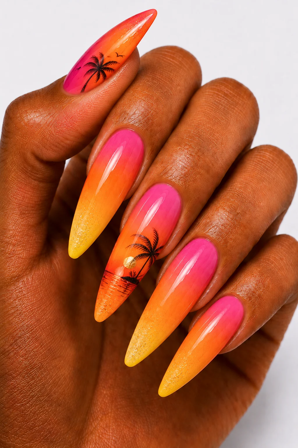 Tropical Sunset Ombre — summertime gel nails style outfit, worn by a stylish woman