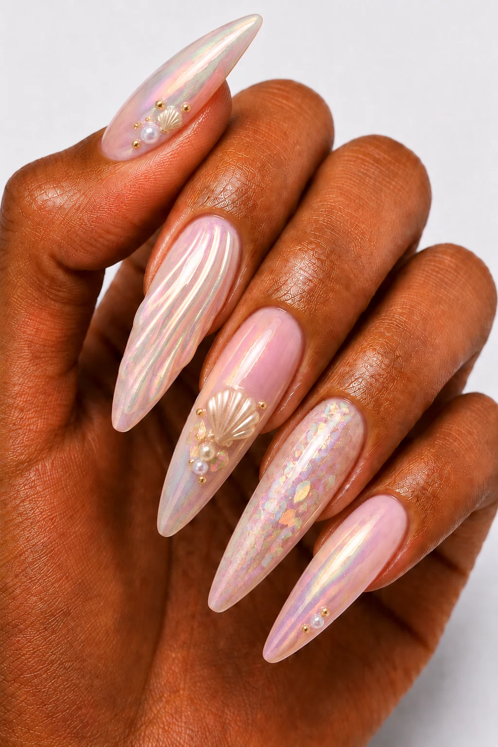 Chrome Seashell Glow Summertime Gel Nails — summertime gel nails style outfit, worn by a stylish woman