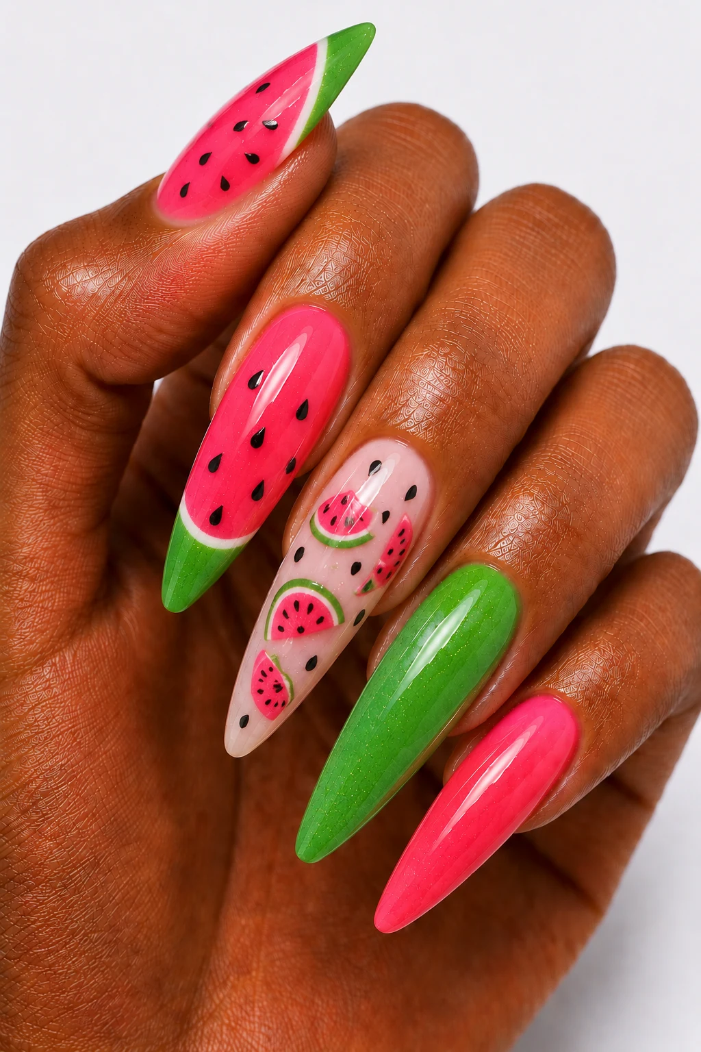 Watermelon Pop Art — summertime gel nails style outfit, worn by a stylish woman