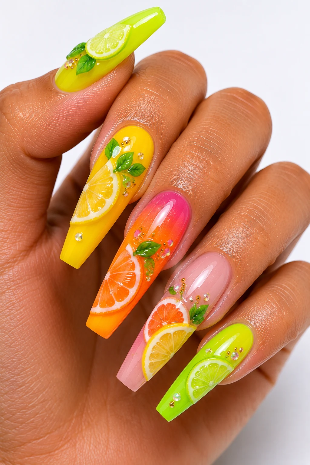 Tropical Citrus Acrylic Dreams — summertime nails acrylic style outfit, worn by a stylish woman