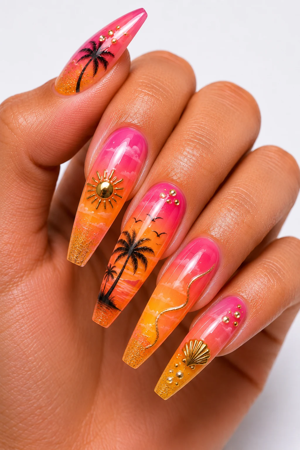Pink Sunset Ombre Perfection — summertime nails acrylic style outfit, worn by a stylish woman