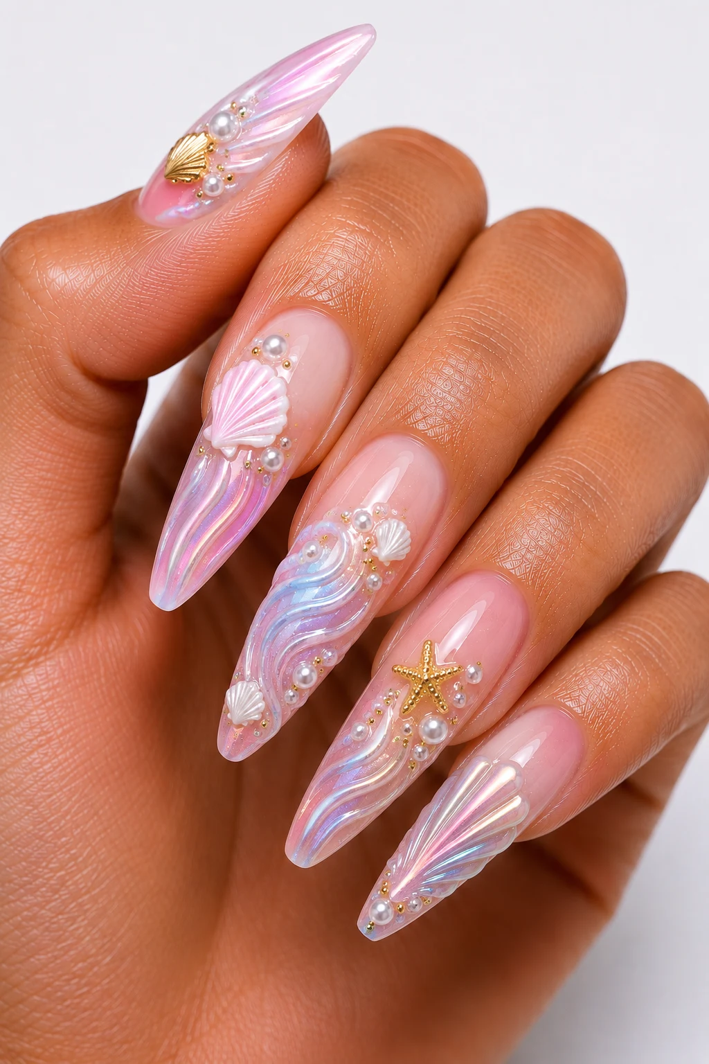 Chrome Seashell Summertime Nails Acrylic — summertime nails acrylic style outfit, worn by a stylish woman