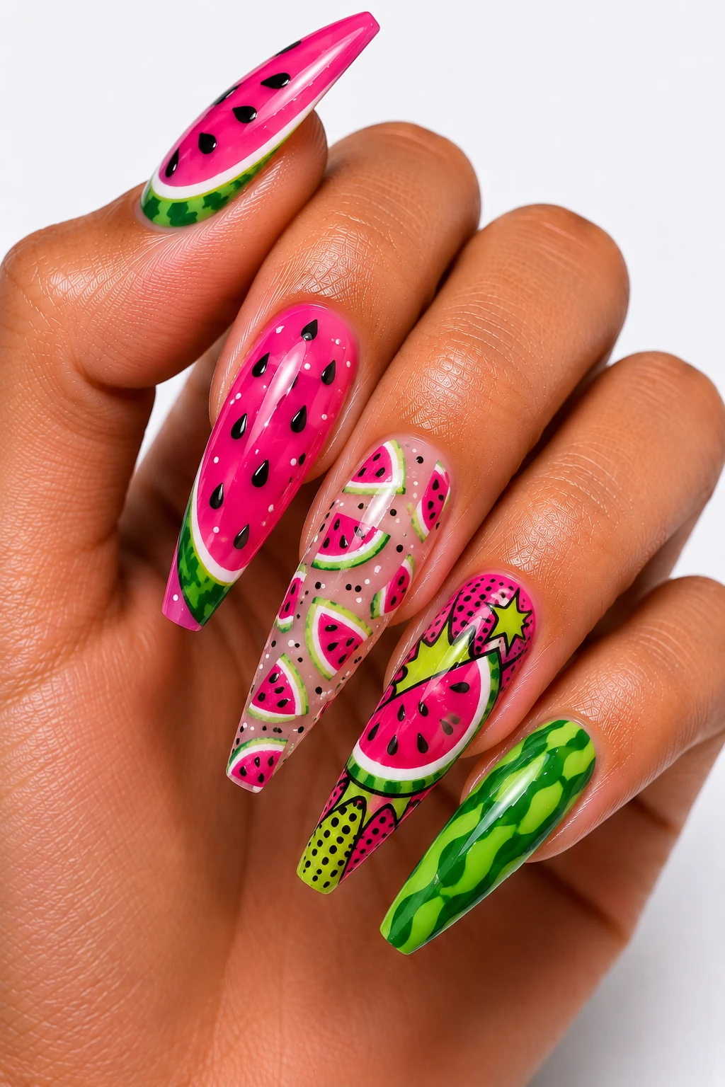 Watermelon Pop Art Fun — summertime nails acrylic style outfit, worn by a stylish woman