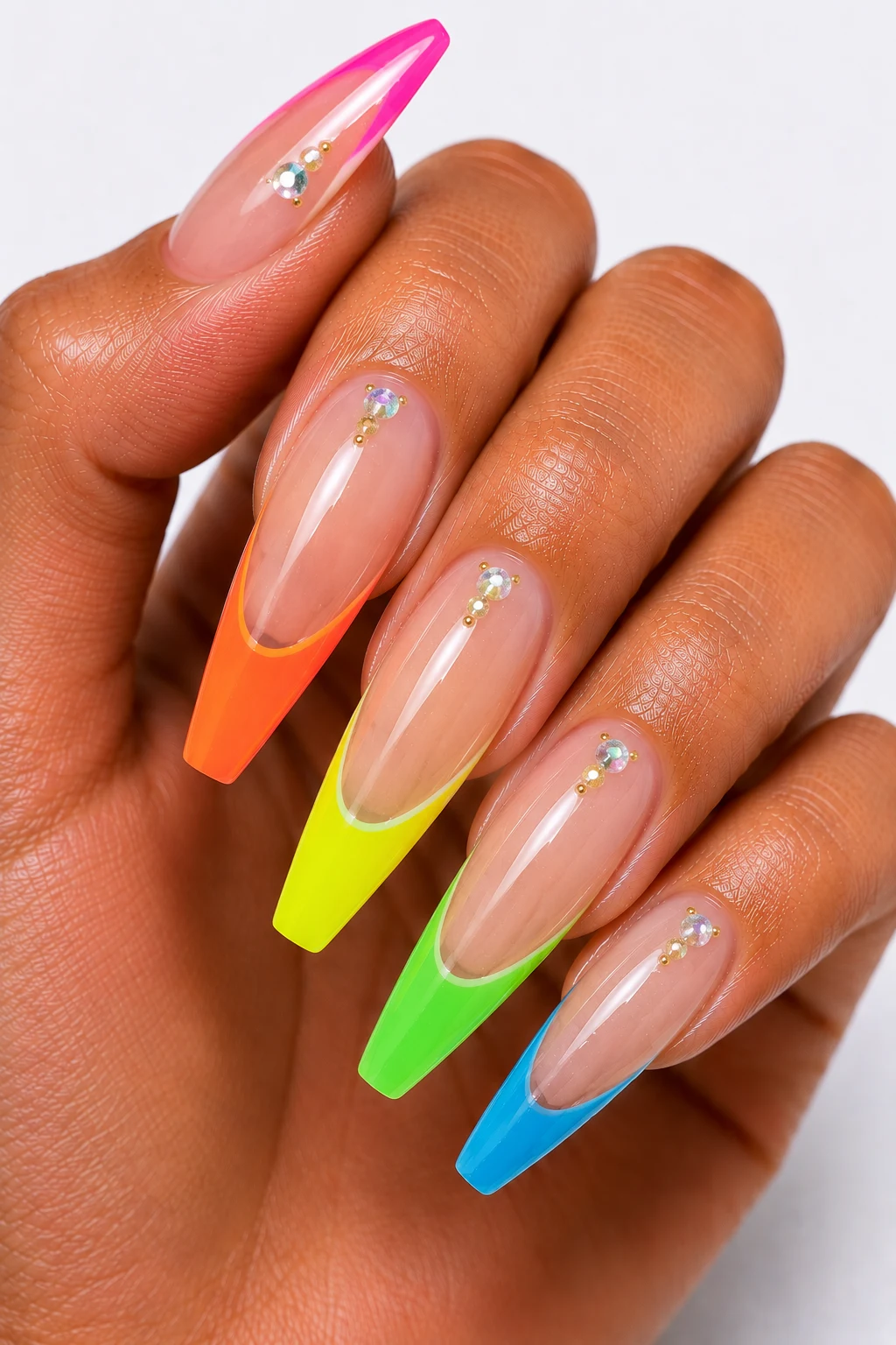 Neon French Tip Glow — summertime nails acrylic style outfit, worn by a stylish woman