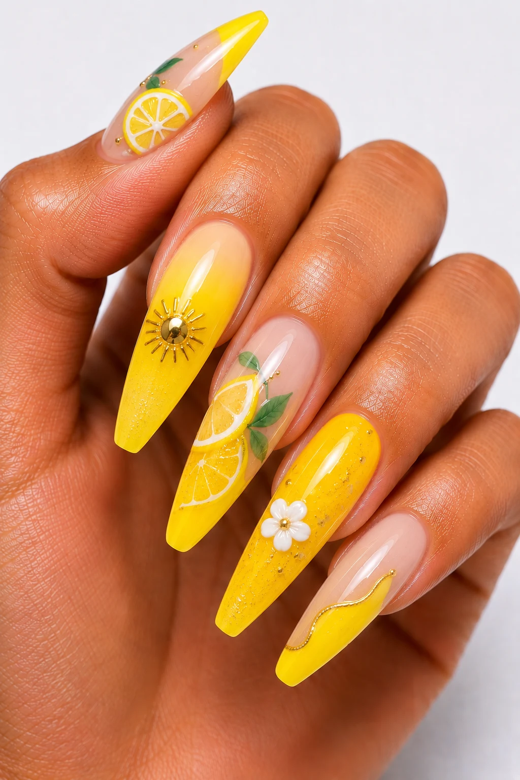 Citrus Sunshine Yellow — summertime nails colors style outfit, worn by a stylish woman