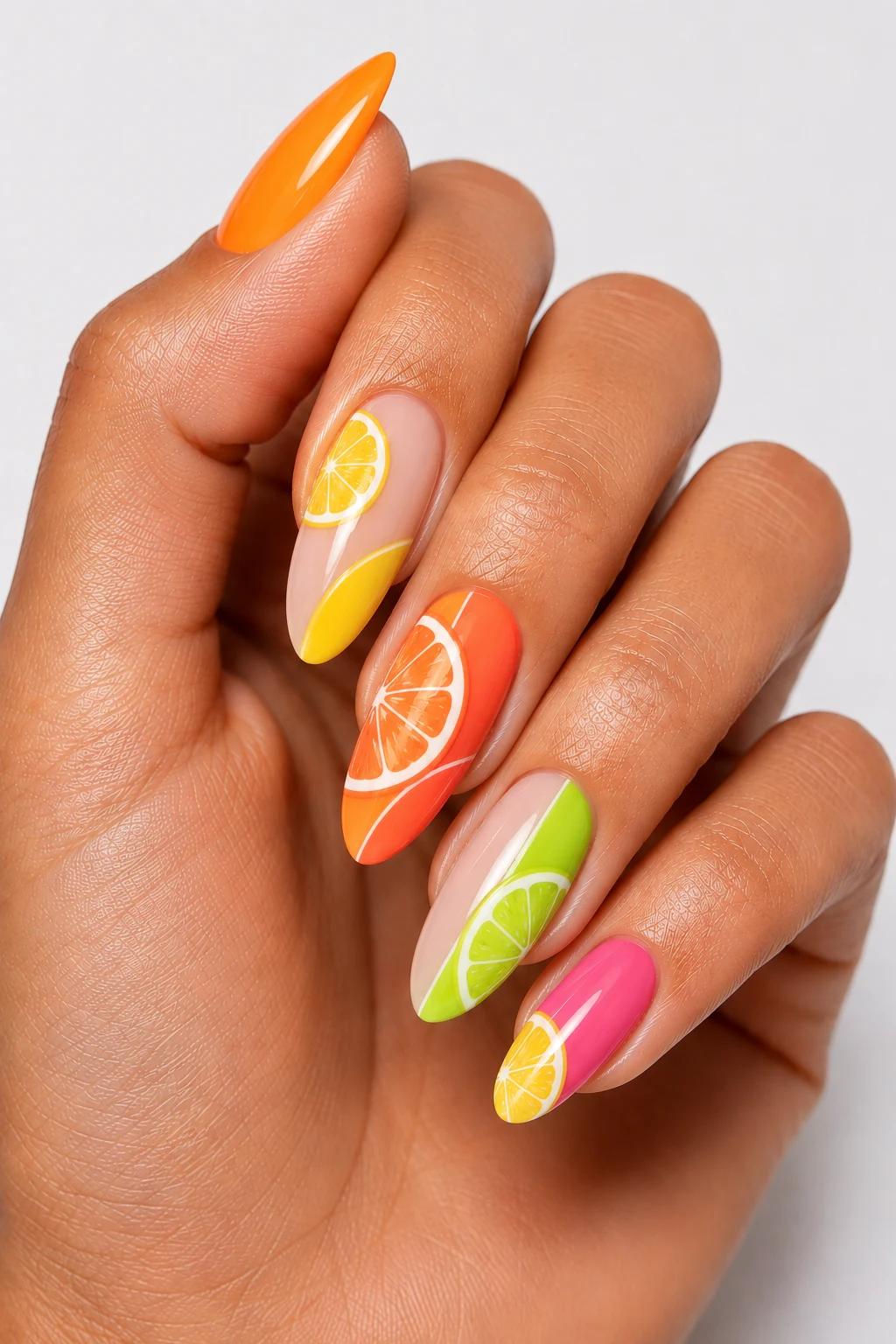 Citrus Splash Color Burst — summertime nails design style outfit, worn by a stylish woman