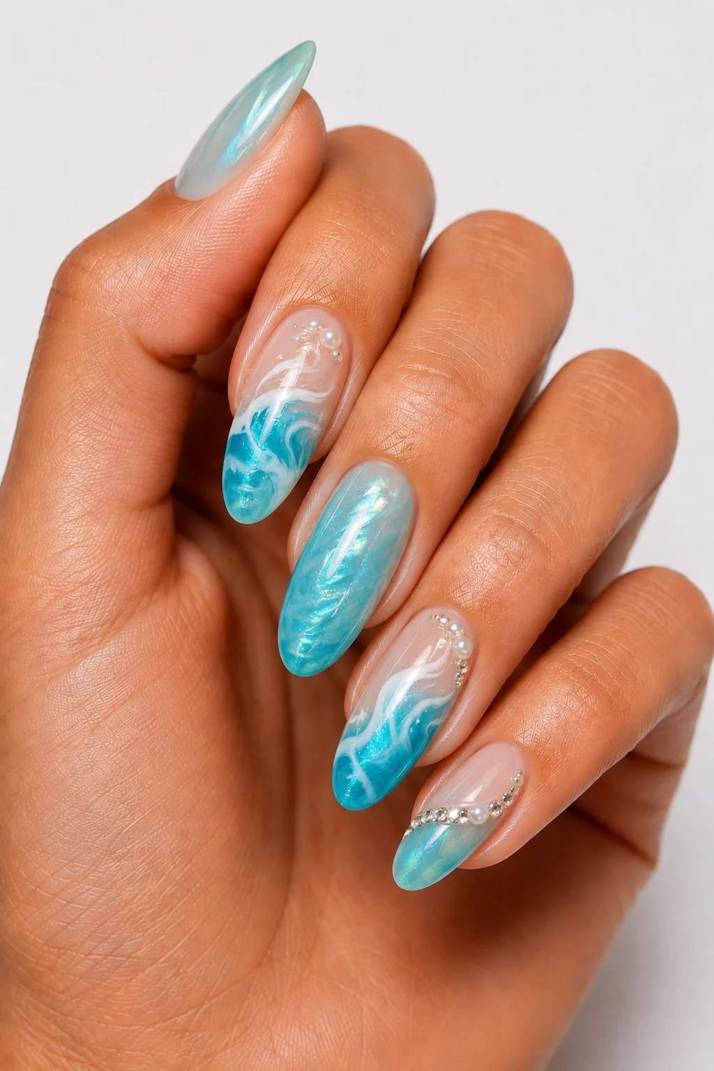 Ocean Wave Summertime Nails Design — summertime nails design style outfit, worn by a stylish woman