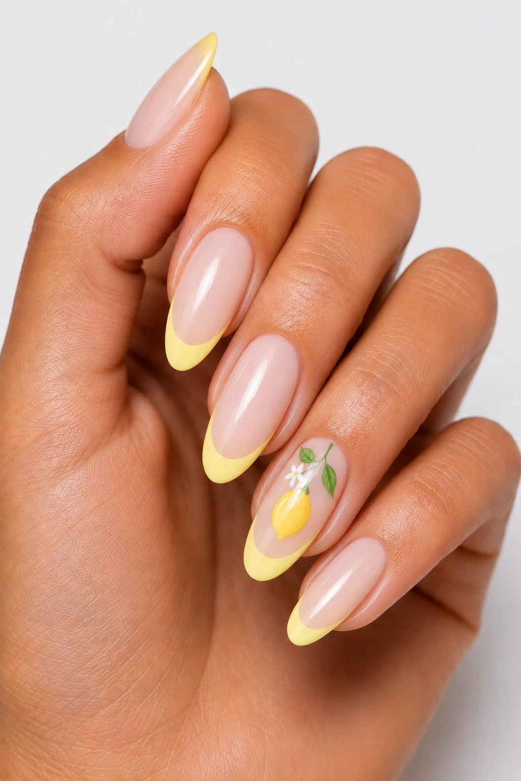 Milky Lemon French Tips — summertime nails design style outfit, worn by a stylish woman
