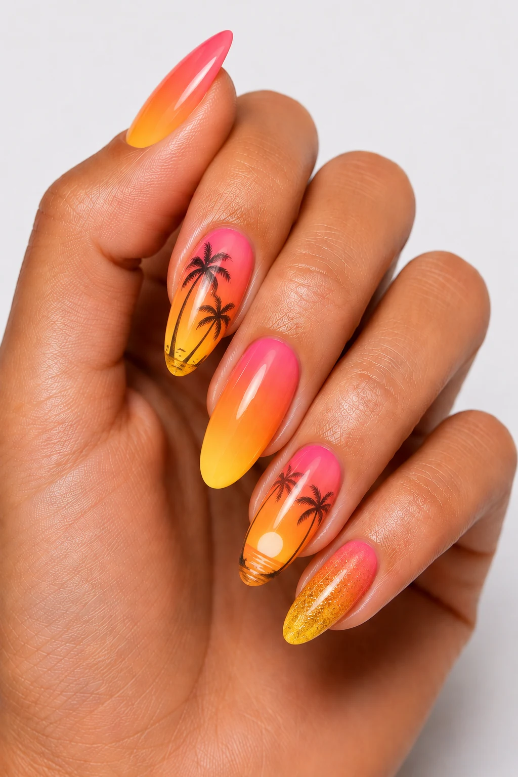Tropical Sunset Ombre — summertime nails design style outfit, worn by a stylish woman