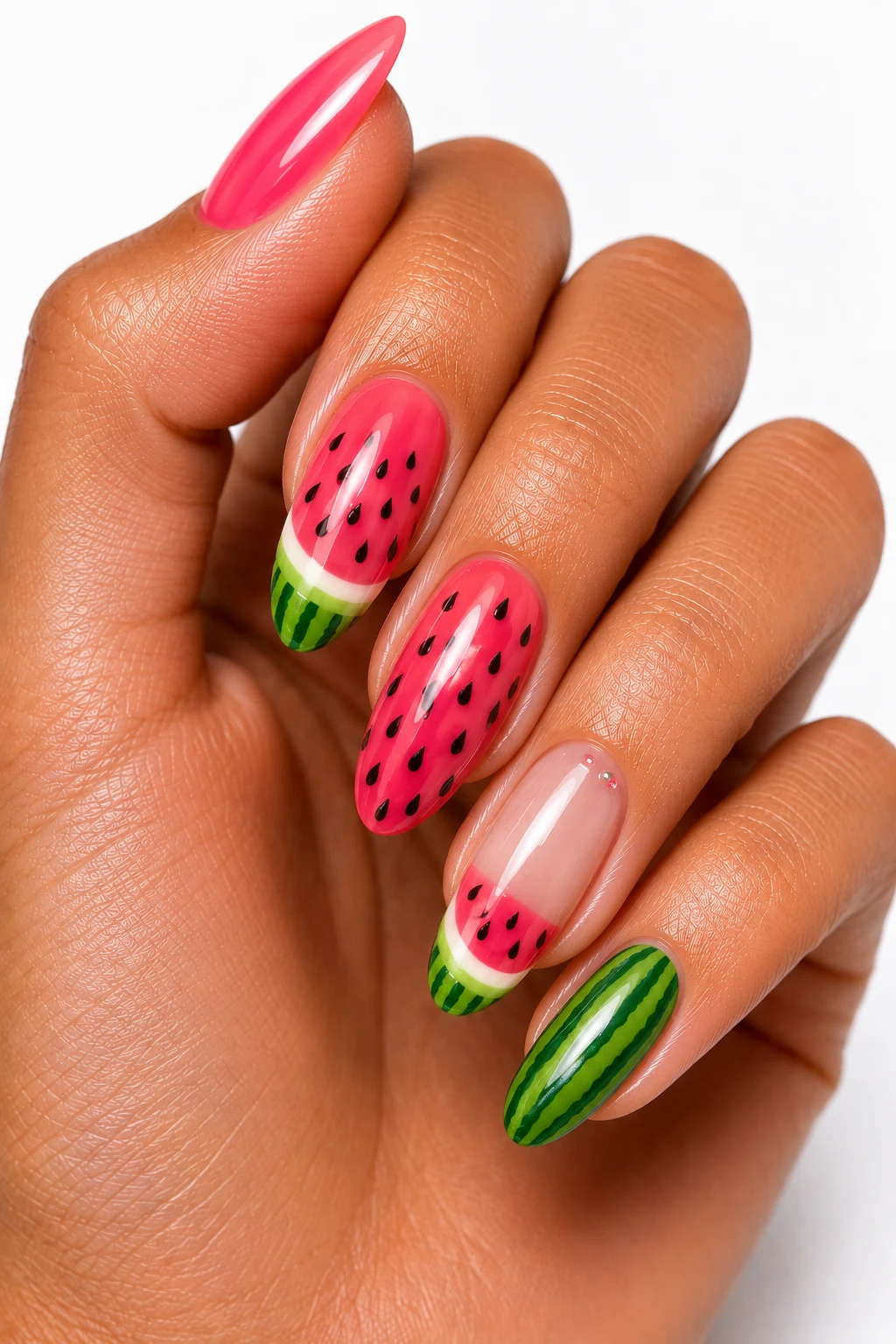 Watermelon Pop Art — summertime nails design style outfit, worn by a stylish woman