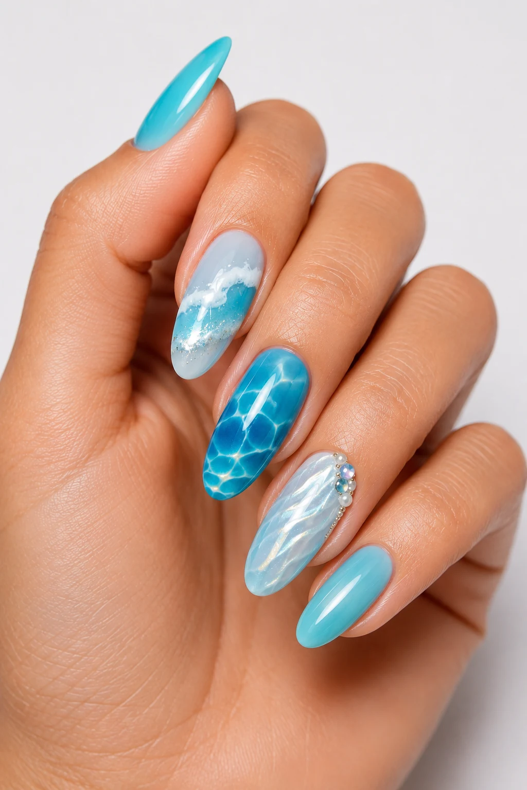 Ocean Wave Blue Summertime Nails — summertime nails style outfit, worn by a stylish woman