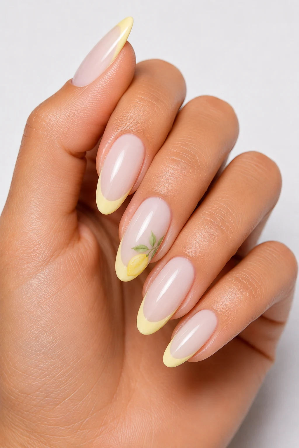 Milky Lemon French Tips — summertime nails style outfit, worn by a stylish woman