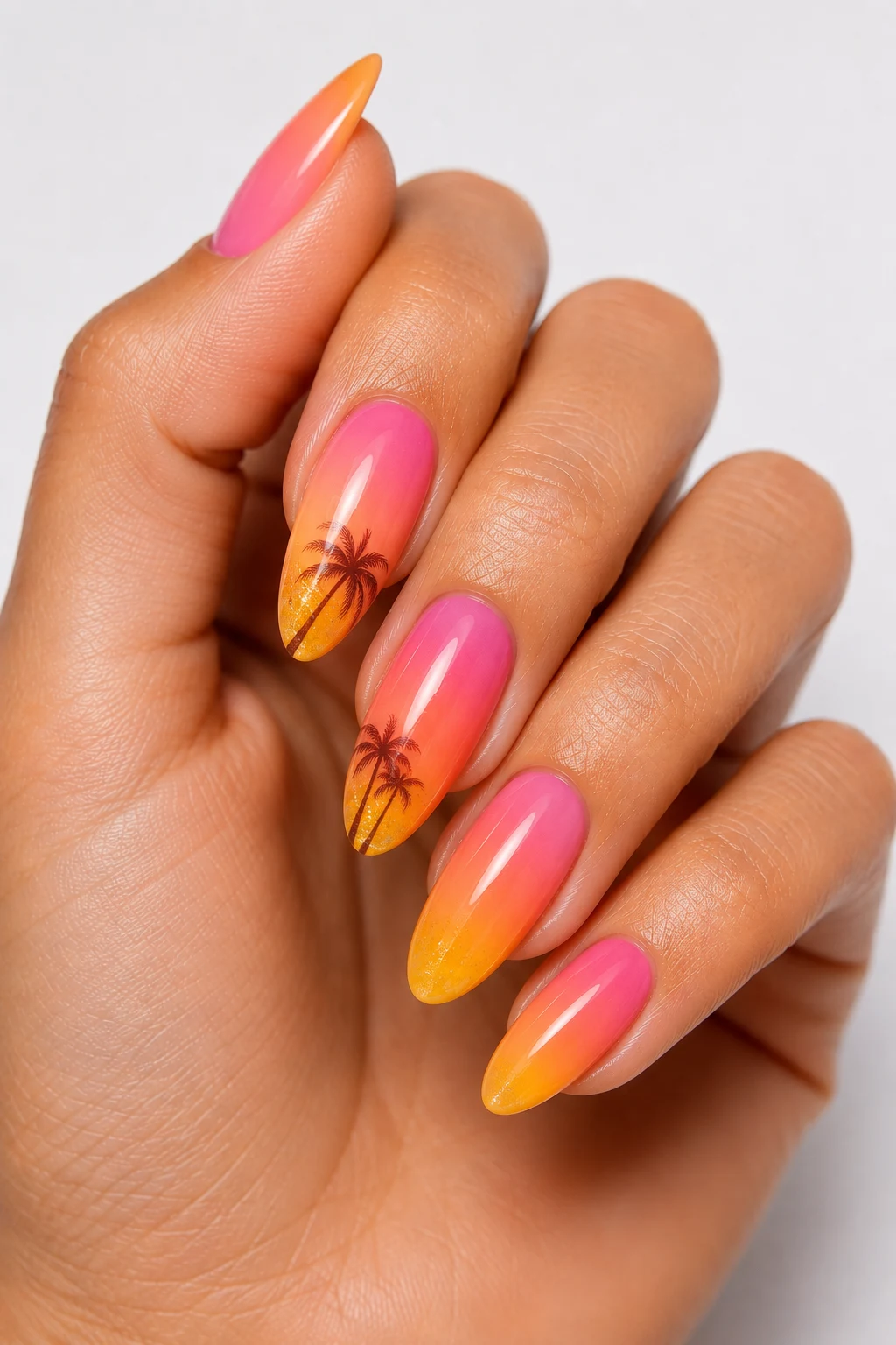 Tropical Sunset Ombre Summertime Nails — summertime nails style outfit, worn by a stylish woman