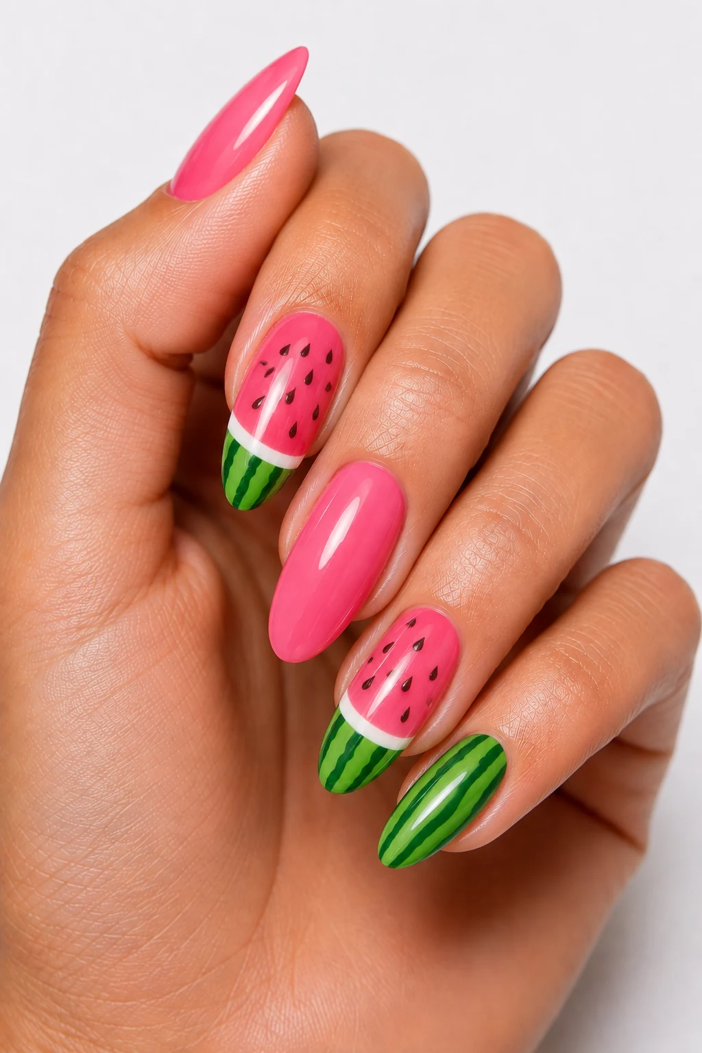 Watermelon Pop Art — summertime nails style outfit, worn by a stylish woman