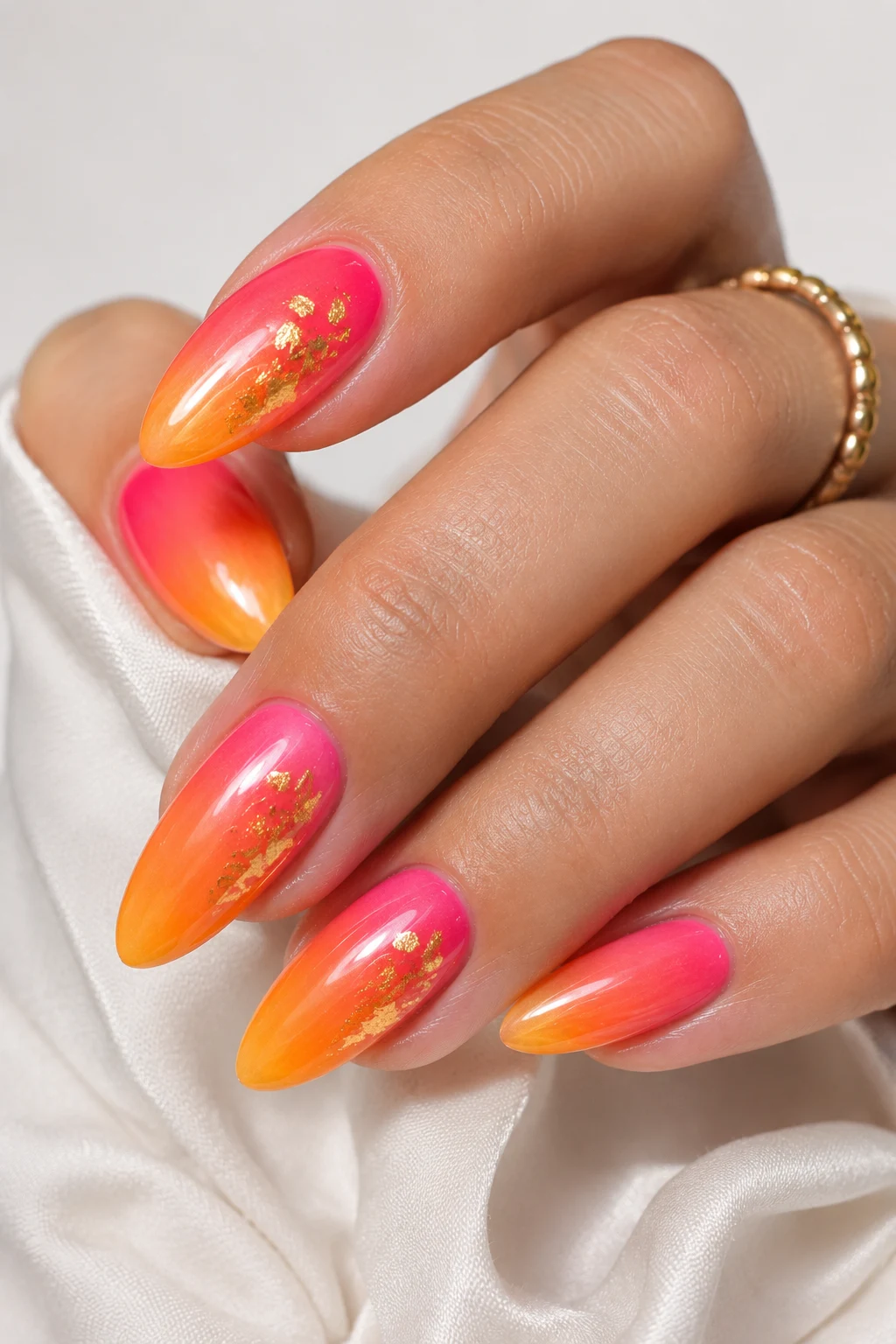 Tropical Sunset Ombre — Trendy Nails For Summer style outfit, worn by a stylish woman