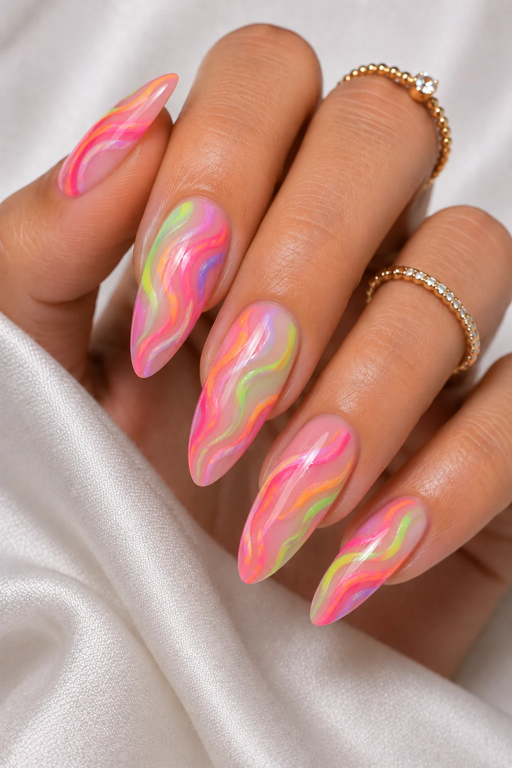 Neon Swirl Party Nails — Trendy Nails For Summer style outfit, worn by a stylish woman