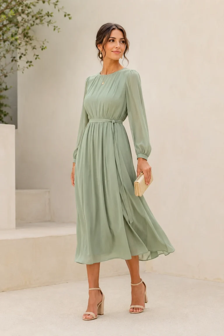 Outfit 1 — wedding guest dresses summer modest style outfit, worn by a stylish woman