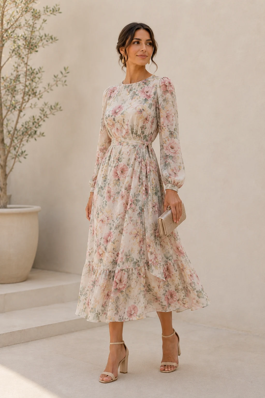 Outfit 4 — wedding guest dresses summer modest style outfit, worn by a stylish woman
