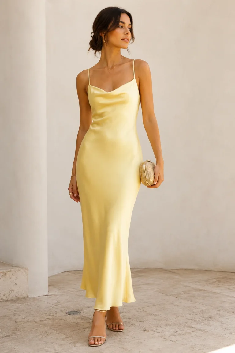 Outfit 1 — wedding guest dresses summer yellow style outfit, worn by a stylish woman